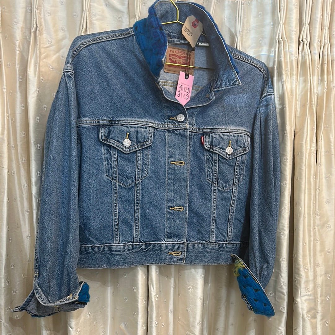 Repurposed Denim jacket with Italian boucle trim