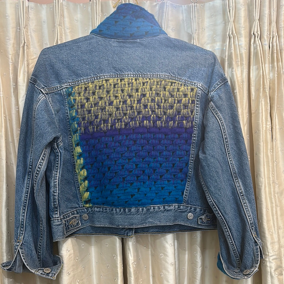 Repurposed Denim jacket with Italian boucle trim
